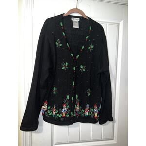 Vintage BP Design Size Large Knit Cardigan Womens Black Drummer Boy Embroidered